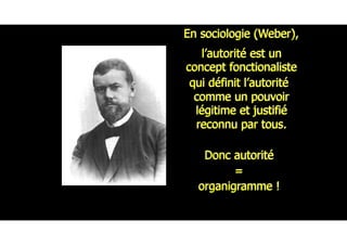En sociologie (Weber),
l’autorité est un
concept fonctionaliste
qui définit l’autorité
comme un pouvoir
légitime et justifié
reconnu par tous.
Donc autorité
=
organigramme !
 