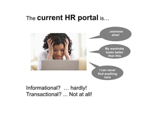 The current HR portal is…
Informational? … hardly!
Transactional? ... Not at all!
My wardrobe
looks better
than this
..soooooo
slow!
I can never
find anything
here
 
