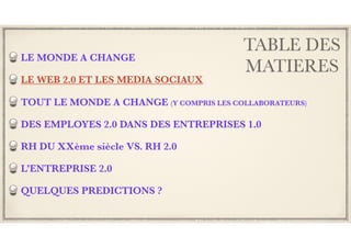 TABLE DES
MATIERES
LE MONDE A CHANGE
LE WEB 2.0 ET LES MEDIA SOCIAUX
TOUT LE MONDE A CHANGE (Y COMPRIS LES COLLABORATEURS)
DES EMPLOYES 2.0 DANS DES ENTREPRISES 1.0
RH DU XXème siècle VS. RH 2.0
L’ENTREPRISE 2.0
QUELQUES PREDICTIONS ?
 
