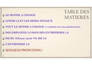 TABLE DES
MATIERES
LE MONDE A CHANGE
LEWEB 2.0 ET LES MEDIA SOCIAUX
TOUT LE MONDE A CHANGE (Y COMPRIS LES COLLABORATEURS)
DES EMPLOYES 2.0 DANS DES ENTREPRISES 1.0
RH DU XXème siècle VS. RH 2.0
L’ENTREPRISE 2.0
QUELQUES PREDICTIONS ?
 