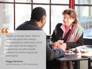 9
Rocket Hatch Community Accelerator
www.rockethatch.org
“Thanks to Rocket Hatch, there is
some very good new energy.
I wa...