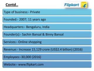 Type of business:- Private
Founded:- 2007; 11 years ago
Headquarters:- Bengaluru, India
Founder(s):- Sachin Bansal & Binny Bansal
Services:- Online shopping
Revenue:- Increase 15,129 crore (US$2.4 billion) (2016)
Employees:-30,000 (2016)
Website:- www.flipkart.com
Contd..
 