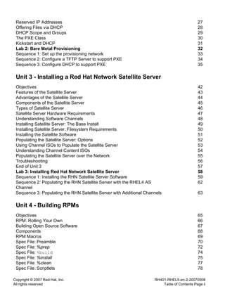 Copyright © 2007 Red Hat, Inc.
All rights reserved
RH401-RHEL5-en-2-20070508
Table of Contents Page ii
Reserved IP Addresses 27
Offering Files via DHCP 28
DHCP Scope and Groups 29
The PXE Class 30
Kickstart and DHCP 31
Lab 2: Bare Metal Provisioning 32
Sequence 1: Set up the provisioning network 33
Sequence 2: Configure a TFTP Server to support PXE 34
Sequence 3: Configure DHCP to support PXE 35
Unit 3 - Installing a Red Hat Network Satellite Server
Objectives 42
Features of the Satellite Server 43
Advantages of the Satellite Server 44
Components of the Satellite Server 45
Types of Satellite Server 46
Satellite Server Hardware Requirements 47
Understanding Software Channels 48
Installing Satellite Server: The Base Install 49
Installing Satellite Server: Filesystem Requirements 50
Installing the Satellite Software 51
Populating the Satellite Server: Options 52
Using Channel ISOs to Populate the Satellite Server 53
Understanding Channel Content ISOs 54
Populating the Satellite Server over the Network 55
Troubleshooting 56
End of Unit 3 57
Lab 3: Installing Red Hat Network Satellite Server 58
Sequence 1: Installing the RHN Satellite Server Software 59
Sequence 2: Populating the RHN Satellite Server with the RHEL4 AS
Channel
62
Sequence 3: Populating the RHN Satellite Server with Additional Channels 63
Unit 4 - Building RPMs
Objectives 65
RPM: Rolling Your Own 66
Building Open Source Software 67
Components 68
RPM Macros 69
Spec File: Preamble 70
Spec File: %prep 72
Spec File: %build 74
Spec File: %install 75
Spec File: %clean 77
Spec File: Scriptlets 78
 