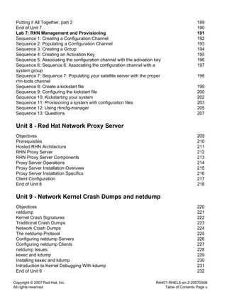 Copyright © 2007 Red Hat, Inc.
All rights reserved
RH401-RHEL5-en-2-20070508
Table of Contents Page v
Putting it All Together, part 2 189
End of Unit 7 190
Lab 7: RHN Management and Provisioning 191
Sequence 1: Creating a Configuration Channel 192
Sequence 2: Populating a Configuration Channel 193
Sequence 3: Creating a Group 194
Sequence 4: Creating an Activation Key 195
Sequence 5: Associating the configuration channel with the activation key 196
Sequence 6: Sequence 6: Associating the configuration channel with a
system group
197
Sequence 7: Sequence 7: Populating your satellite server with the proper
rhn-tools channel
198
Sequence 8: Create a kickstart file 199
Sequence 9: Configuring the kickstart file 200
Sequence 10: Kickstarting your system 202
Sequence 11: Provisioning a system with configuration files 203
Sequence 12: Using rhncfg-manager 205
Sequence 13: Questions 207
Unit 8 - Red Hat Network Proxy Server
Objectives 209
Prerequisites 210
Hosted RHN Architecture 211
RHN Proxy Server 212
RHN Proxy Server Components 213
Proxy Server Operations 214
Proxy Server Installation Overview 215
Proxy Server Installation Specifics 216
Client Configuration 217
End of Unit 8 218
Unit 9 - Network Kernel Crash Dumps and netdump
Objectives 220
netdump 221
Kernel Crash Signatures 222
Traditional Crash Dumps 223
Network Crash Dumps 224
The netdump Protocol 225
Configuring netdump Servers 226
Configuring netdump Clients 227
netdump Issues 228
kexec and kdump 229
Installing kexec and kdump 230
Introduction to Kernel Debugging With kdump 231
End of Unit 9 232
 