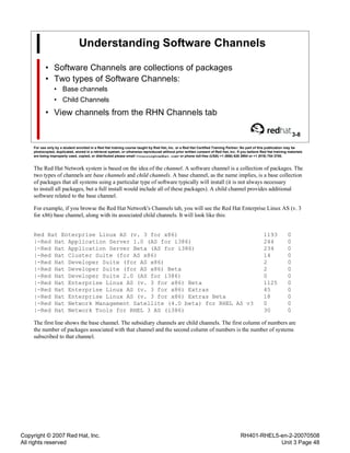 Copyright © 2007 Red Hat, Inc.
All rights reserved
RH401-RHEL5-en-2-20070508
Unit 3 Page 48
Understanding Software Channels
• Software Channels are collections of packages
• Two types of Software Channels:
• Base channels
• Child Channels
• View channels from the RHN Channels tab
3-8
For use only by a student enrolled in a Red Hat training course taught by Red Hat, Inc. or a Red Hat Certified Training Partner. No part of this publication may be
photocopied, duplicated, stored in a retrieval system, or otherwise reproduced without prior written consent of Red Hat, Inc. If you believe Red Hat training materials
are being improperly used, copied, or distributed please email <training@redhat.com> or phone toll-free (USA) +1 (866) 626 2994 or +1 (919) 754 3700.
The Red Hat Network system is based on the idea of the channel. A software channel is a collection of packages. The
two types of channels are base channels and child channels. A base channel, as the name implies, is a base collection
of packages that all systems using a particular type of software typically will install (it is not always necessary
to install all packages, but a full install would include all of these packages). A child channel provides additional
software related to the base channel.
For example, if you browse the Red Hat Network's Channels tab, you will see the Red Hat Enterprise Linux AS (v. 3
for x86) base channel, along with its associated child channels. It will look like this:
Red Hat Enterprise Linux AS (v. 3 for x86) 1193 0
|-Red Hat Application Server 1.0 (AS for i386) 244 0
|-Red Hat Application Server Beta (AS for i386) 234 0
|-Red Hat Cluster Suite (for AS x86) 14 0
|-Red Hat Developer Suite (for AS x86) 2 0
|-Red Hat Developer Suite (for AS x86) Beta 2 0
|-Red Hat Developer Suite 2.0 (AS for i386) 0 0
|-Red Hat Enterprise Linux AS (v. 3 for x86) Beta 1125 0
|-Red Hat Enterprise Linux AS (v. 3 for x86) Extras 45 0
|-Red Hat Enterprise Linux AS (v. 3 for x86) Extras Beta 18 0
|-Red Hat Network Management Satellite (4.0 beta) for RHEL AS v3 0 0
|-Red Hat Network Tools for RHEL 3 AS (i386) 30 0
The first line shows the base channel. The subsidiary channels are child channels. The first column of numbers are
the number of packages associated with that channel and the second column of numbers is the number of systems
subscribed to that channel.
 