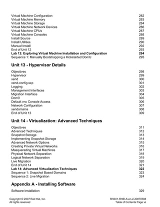 Copyright © 2007 Red Hat, Inc.
All rights reserved
RH401-RHEL5-en-2-20070508
Table of Contents Page vii
Virtual Machine Configuration 282
Virtual Machine Memory 283
Virtual Machine Storage 284
Virtual Machine Network Devices 286
Virtual Machine CPUs 287
Virtual Machine Consoles 288
Install Source 289
Install Utilities 290
Manual Install 292
End of Unit 12 293
Lab 12: Exploring Virtual Machine Installation and Configuration 294
Sequence 1: Manually Bootstrapping a Kickstarted DomU 295
Unit 13 - Hypervisor Details
Objectives 298
Hypervisor 299
xend 300
xend-config.sxp 301
Logging 302
Management Interfaces 303
Migration Interface 304
Dom0 305
Default vnc Console Access 306
Network Configuration 307
xendomains 308
End of Unit 13 309
Unit 14 - Virtualization: Advanced Techniques
Objectives 311
Advanced Techniques 312
Snapshot Storage 313
Implementing Snapshot Storage 314
Advanced Network Options 315
Creating Private Virtual Networks 316
Masquerading Virtual Machines 317
Physical Network Separation 318
Logical Network Separation 319
Live Migration 320
End of Unit 14 321
Lab 14: Advanced Virtualization Techniques 322
Sequence 1: Snapshot Based Domains 323
Sequence 2: Live Migration 324
Appendix A - Installing Software
Software Installation 329
 