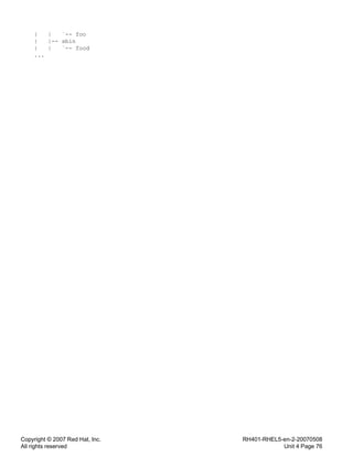 Copyright © 2007 Red Hat, Inc.
All rights reserved
RH401-RHEL5-en-2-20070508
Unit 4 Page 76
| | `-- foo
| |-- sbin
| | `-- food
...
 