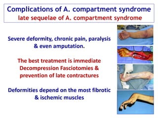 Severe deformity, chronic pain, paralysis
& even amputation.
The best treatment is immediate
Decompression Fasciotomies &
prevention of late contractures
Deformities depend on the most fibrotic
& ischemic muscles
Complications of A. compartment syndrome
late sequelae of A. compartment syndrome
 