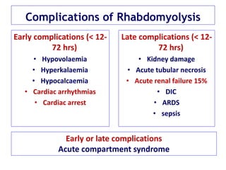 Complications of Rhabdomyolysis
Early complications (< 12-
72 hrs)
• Hypovolaemia
• Hyperkalaemia
• Hypocalcaemia
• Cardiac arrhythmias
• Cardiac arrest
Late complications (< 12-
72 hrs)
• Kidney damage
• Acute tubular necrosis
• Acute renal failure 15%
• DIC
• ARDS
• sepsis
Early or late complications
Acute compartment syndrome
 
