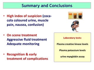 Summary and Conclusions
• High index of suspicion (coca-
cola coloured urine, muscle
pain, nausea, confusion)
• On scene treatment
Aggressive fluid treatment
Adequate monitoring
• Recognition & early
treatment of complications
Laboratory tests:
Plasma creatine kinase levels
Plasma potassium levels
urine myoglobin assay
 