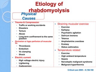 Etiology of
rhabdomyolysis
Physical
Causes
 Trauma & Compression
• Traffic or working accidents
• Disasters
• Torture
• Abuse
• Long term confinement to the same
position
 Occlusion or hypo perfusion of muscular
Vs
• Thrombosis
• Embolism
• Vs clamping
• Shock
 Electric current
• High voltage electric injury
• Lightening
• Cadioversion
 Straining muscular exercise
• Exercise
• Epilepsy
• Psychiatric agitation
• Delirium tremens
• Tetanus
• Amphetamine overdose
• Ecstasy
• Status asthmatics
 Temperature related
• Exercise
• High ambient temperature
• Sepsis
• Narcoleptic malignant syndrome
• Malignant hyperthermia
Critical care 2005 – 9,158-169
 