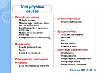 Non physical
causes
 Metabolic myopathies
• McArdle disease
• Mitochondrial respiratory chain
enzyme deficiencies
• Carnitine palmitoyl transferas
deficiency
• Myoadenlyate deaminase
deficiency
• Phosphofructokinase deficiency
•
 Drug & toxins
• Regular & illegal drugs
• Toxins
• Snake & insect venom
 Polymyositis/dermatomyositis
 Infections
• Local and metastatic infections
 Endocrinolgic cause
• Hyper/hypothyrodism
 Systemic effect
• Toxic shock syndrome
• Influenza
• HIV
• Herpes viruses
• Coxsackie virus
 Electrolyte abnormalities
• Hypokalemia
• Hypocalcaemia
• Hyponatremia & hypernatremia
• Hypophosphatemia
• Hyper osmotic conditions
Critical care 2005 – 9,158-169
 