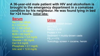 A 36-year-old male patient with HIV and alcoholism is
brought to the emergency department in a comatose
condition by his neighbour. He was found lying in bed
for >24 hours. Initial labs:
Serum
Na+ = 134 mEq/L
K+ = 3.0 mEq/L
Cl = 100 mEq/L
HCO3 = 16 mEq/L
BUN = 62 mg/dL
Creatinine = 3.6 mg/dL
Glucose = 80 mg/dL
Ca= 6.9 mg/dL
Phosphate = 2.1 mg/dL
Uric acid = 12.6 mg/dL
Urine
Color = reddish-brown
pH = 5.2
RBCs = 5-10
Protein = ++
Sediment = muddy-brown casts
FENa = <1%
Toxicology screen = cocaine, heroin
 
