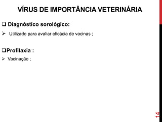  Diagnóstico sorológico:
 Utilizado para avaliar eficácia de vacinas ;
Profilaxia :
 Vacinação ;
VÍRUS DE IMPORTÂNCIA VETERINÁRIA
14
 