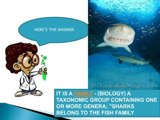 HERE’S THE ANSWER:




         IT IS A FAMILY - (BIOLOGY) A
         TAXONOMIC GROUP CONTAINING ONE
         OR MORE GENERA; "SHARKS
         BELONG TO THE FISH FAMILY
 
