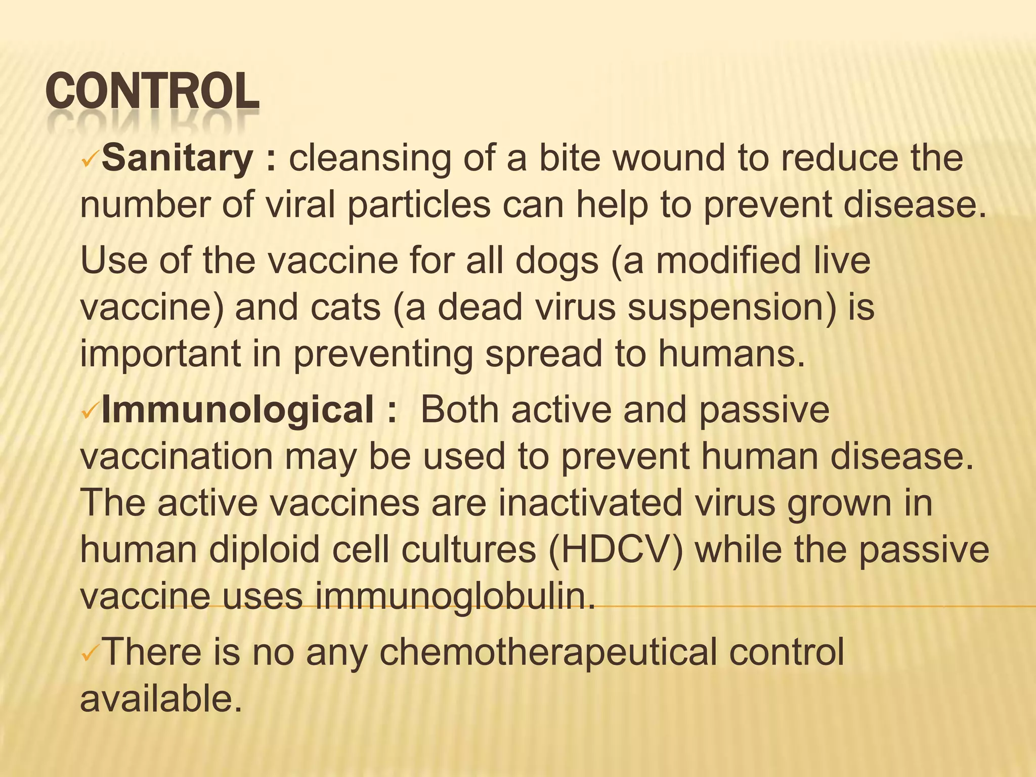 CONTROL
 Sanitary  : cleansing of a bite wound to reduce the
 number of viral particles can help to prevent disease.
 Use of the vaccine for all dogs (a modified live
 vaccine) and cats (a dead virus suspension) is
 important in preventing spread to humans.
 Immunological : Both active and passive
 vaccination may be used to prevent human disease.
 The active vaccines are inactivated virus grown in
 human diploid cell cultures (HDCV) while the passive
 vaccine uses immunoglobulin.
 There is no any chemotherapeutical control
 available.
 