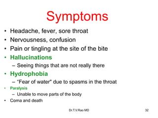 • Headache, fever, sore throat
• Nervousness, confusion
• Pain or tingling at the site of the bite
• Hallucinations
– Seeing things that are not really there
• Hydrophobia
– “Fear of water" due to spasms in the throat
• Paralysis
– Unable to move parts of the body
• Coma and death
Symptoms
Dr.T.V.Rao MD 32
 