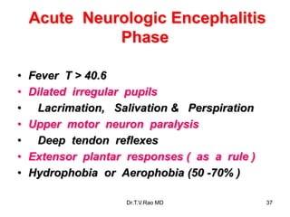 Acute Neurologic Encephalitis
Phase
• Fever T > 40.6
• Dilated irregular pupils
• Lacrimation, Salivation & Perspiration
• Upper motor neuron paralysis
• Deep tendon reflexes
• Extensor plantar responses ( as a rule )
• Hydrophobia or Aerophobia (50 -70% )
Dr.T.V.Rao MD 37
 