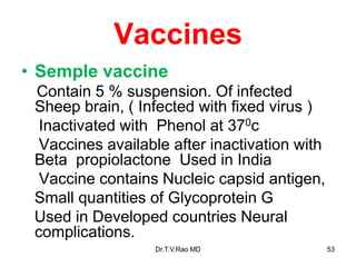 Vaccines
• Semple vaccine
Contain 5 % suspension. Of infected
Sheep brain, ( Infected with fixed virus )
Inactivated with Phenol at 370c
Vaccines available after inactivation with
Beta propiolactone Used in India
Vaccine contains Nucleic capsid antigen,
Small quantities of Glycoprotein G
Used in Developed countries Neural
complications.
Dr.T.V.Rao MD 53
 