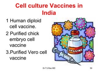 Cell culture Vaccines in
India
1 Human diploid
cell vaccine.
2 Purified chick
embryo cell
vaccine
3.Purified Vero cell
vaccine
Dr.T.V.Rao MD 59
 