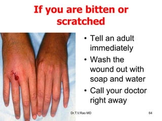 • Tell an adult
immediately
• Wash the
wound out with
soap and water
• Call your doctor
right away
If you are bitten or
scratched
Dr.T.V.Rao MD 64
 
