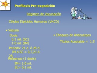 Profilaxis Pre-exposición •  Vacuna Dosis: 0,1 ml. (SC) 1.0 ml. (IM) Período: 21 d. ó 28 d. IM ó SC = 0,7,21 ó 28.  Refuerzos (1 dosis) IM= 1,0 ml. SC= 0,1 ml. Células Diploides Humanas (VHCD) Régimen de Vacunación •  Chequeo de Anticuerpos Títulos Aceptable =  1:5  