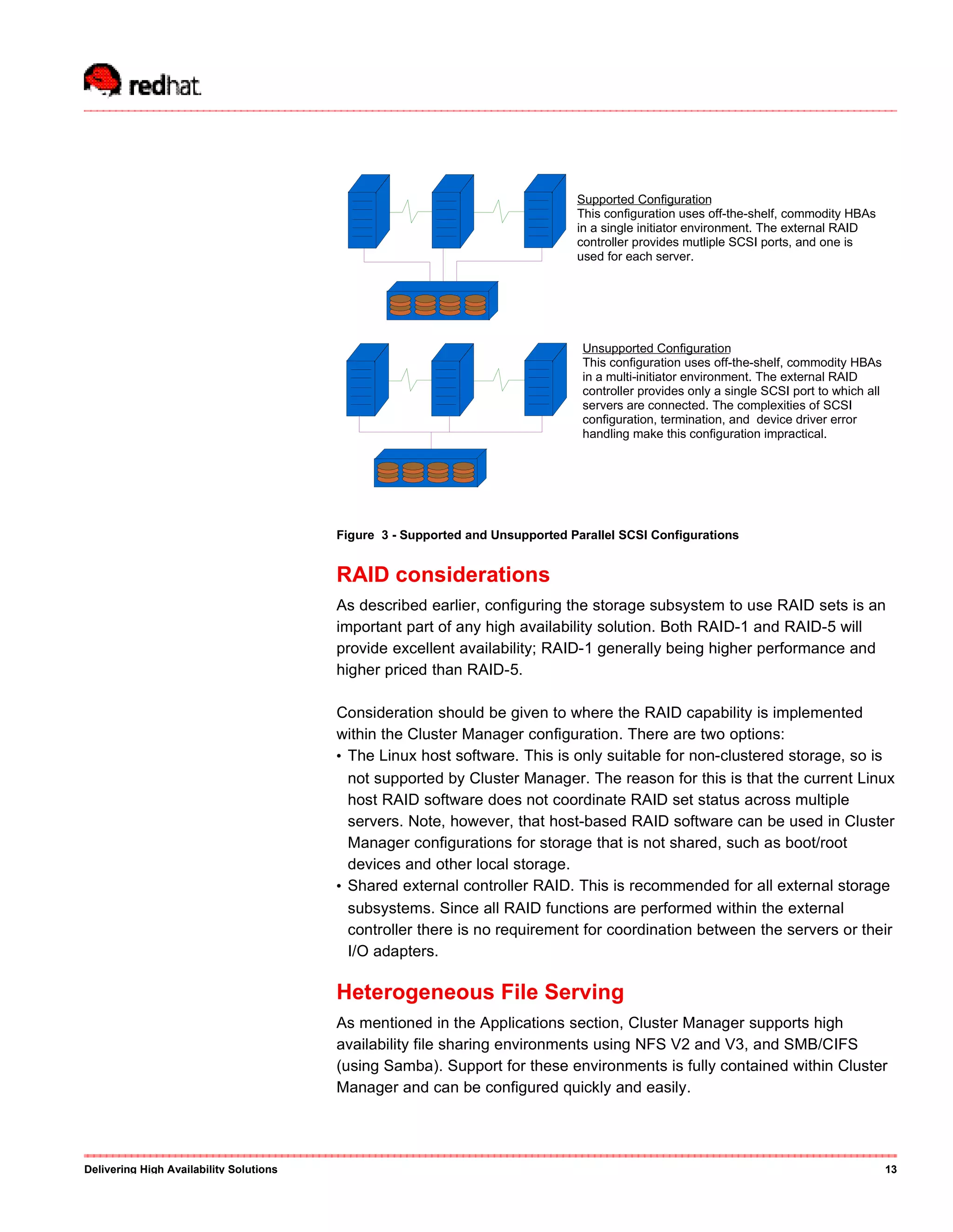 Figure 3 - Supported and Unsupported Parallel SCSI Configurations
RAID considerations
As described earlier, configuring the storage subsystem to use RAID sets is an
important part of any high availability solution. Both RAID-1 and RAID-5 will
provide excellent availability; RAID-1 generally being higher performance and
higher priced than RAID-5.
Consideration should be given to where the RAID capability is implemented
within the Cluster Manager configuration. There are two options:
• The Linux host software. This is only suitable for non-clustered storage, so is
not supported by Cluster Manager. The reason for this is that the current Linux
host RAID software does not coordinate RAID set status across multiple
servers. Note, however, that host-based RAID software can be used in Cluster
Manager configurations for storage that is not shared, such as boot/root
devices and other local storage.
• Shared external controller RAID. This is recommended for all external storage
subsystems. Since all RAID functions are performed within the external
controller there is no requirement for coordination between the servers or their
I/O adapters.
Heterogeneous File Serving
As mentioned in the Applications section, Cluster Manager supports high
availability file sharing environments using NFS V2 and V3, and SMB/CIFS
(using Samba). Support for these environments is fully contained within Cluster
Manager and can be configured quickly and easily.
Delivering High Availability Solutions 13
Supported Configuration
This configuration uses off-the-shelf, commodity HBAs
in a single initiator environment. The external RAID
controller provides mutliple SCSI ports, and one is
used for each server.
Unsupported Configuration
This configuration uses off-the-shelf, commodity HBAs
in a multi-initiator environment. The external RAID
controller provides only a single SCSI port to which all
servers are connected. The complexities of SCSI
configuration, termination, and device driver error
handling make this configuration impractical.
 