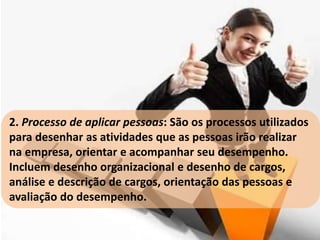 2. Processo de aplicar pessoas: São os processos utilizados 
para desenhar as atividades que as pessoas irão realizar 
na empresa, orientar e acompanhar seu desempenho. 
Incluem desenho organizacional e desenho de cargos, 
análise e descrição de cargos, orientação das pessoas e 
avaliação do desempenho. 
 