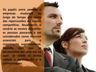 Os papéis entre pessoas e 
empresas mudaram ao 
longo do tempo por conta 
das repercussões do mundo 
competitivo. Atualmente o 
cenário se mostra diferente: 
as pessoas passaram a ser 
consideradas como recursos 
essenciais para o 
crescimento organizacional, 
fazendo com que se 
encaixassem em uma era na 
qual se retém de forma 
valiosa a participação e o 
conhecimento. 
 