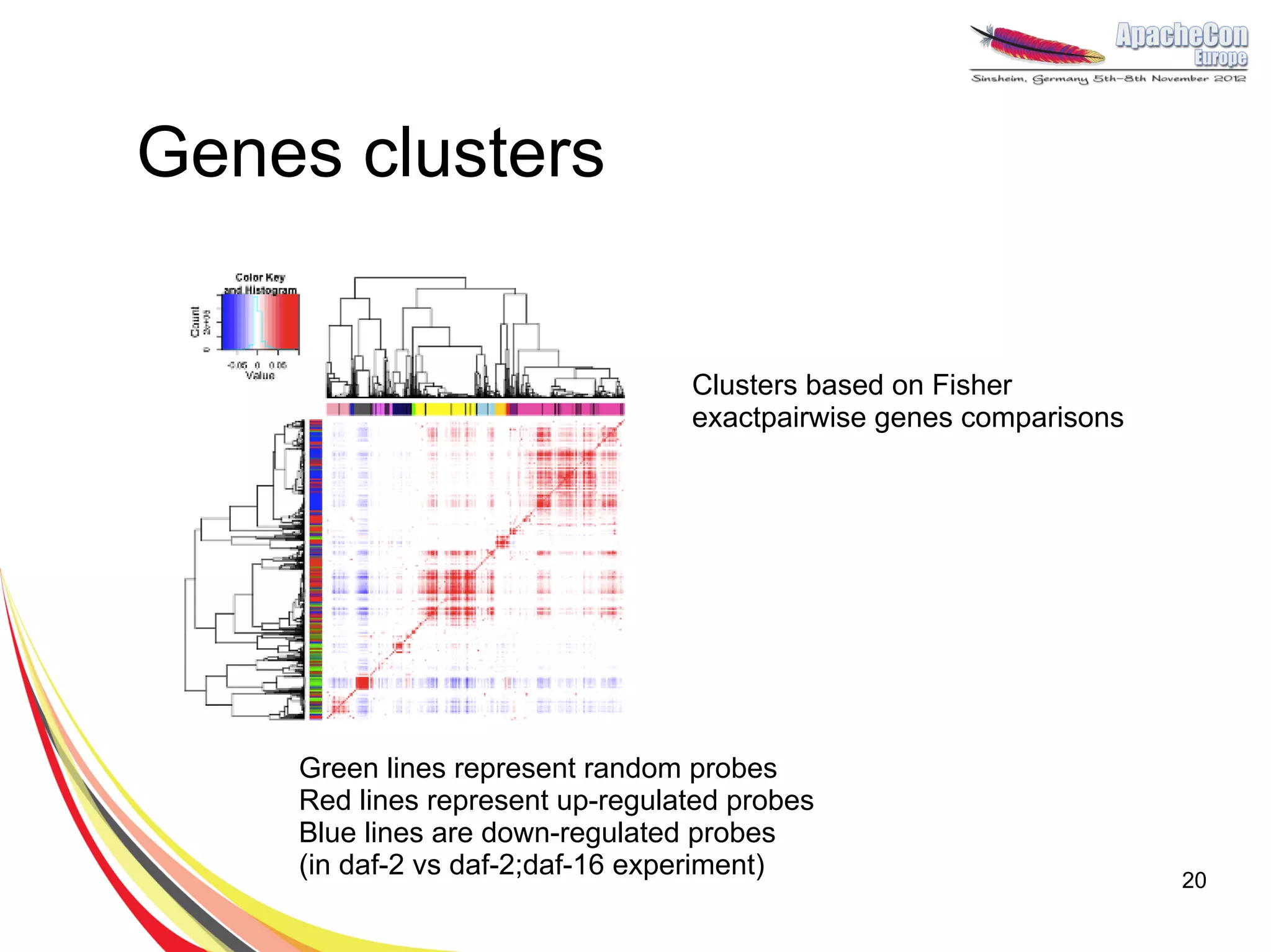 Genes clusters


                                 Clusters based on Fisher
                                 exactpairwise genes comparisons




    Green lines represent random probes
    Red lines represent up-regulated probes
    Blue lines are down-regulated probes
    (in daf-2 vs daf-2;daf-16 experiment)                          20
 