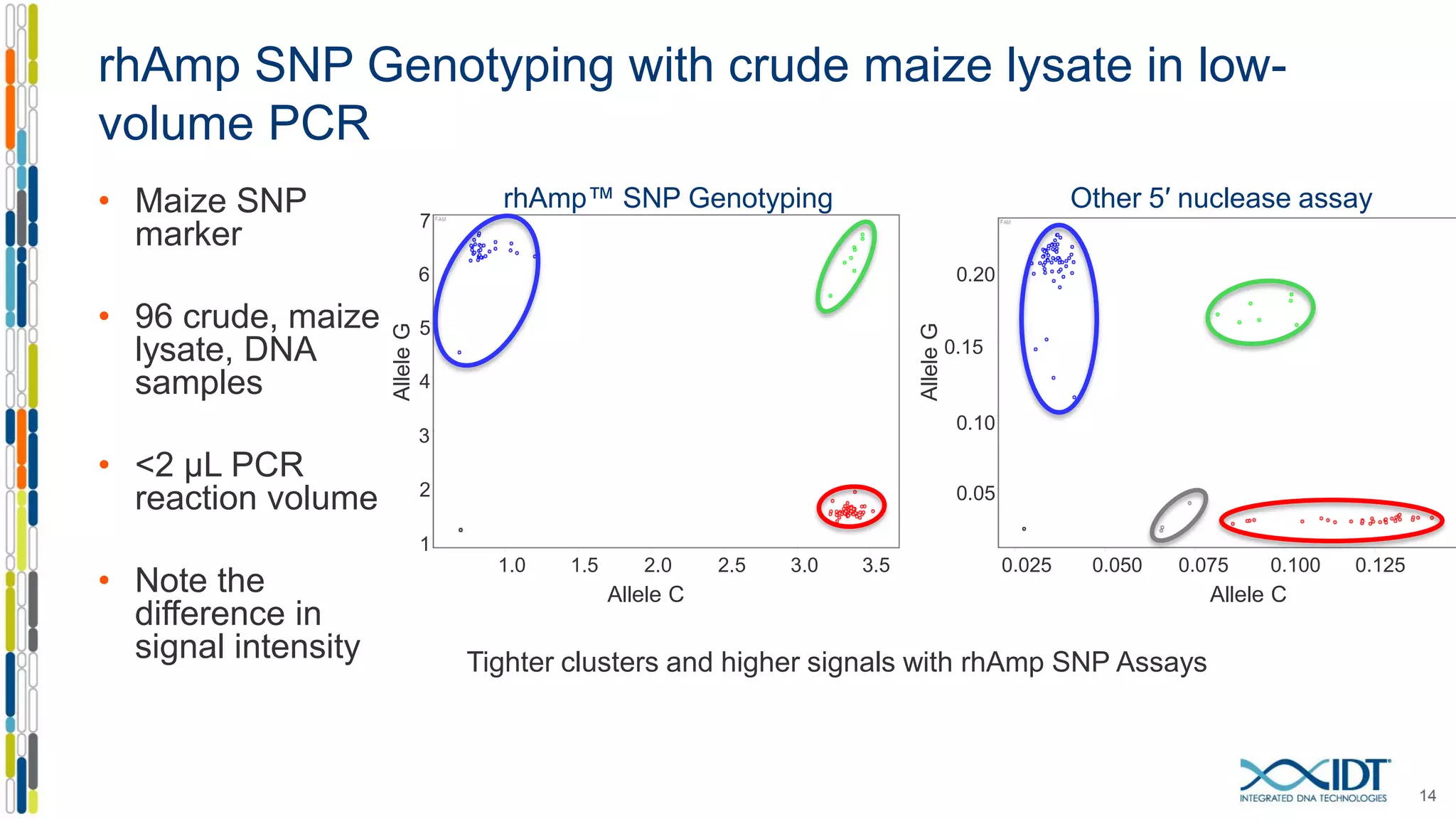 rhAmp SNP Genotyping with crude maize lysate in low-
volume PCR
• Maize SNP
marker
• 96 crude, maize
lysate, DNA
samples
• <2 μL PCR
reaction volume
• Note the
difference in
signal intensity
14
Tighter clusters and higher signals with rhAmp SNP Assays
AlleleG
7
6
5
4
3
2
1
AlleleG
1.0 1.5 2.0 2.5 3.0 3.5
Allele C
0.20
0.15
0.10
0.05
0.025 0.050 0.075 0.100 0.125
Allele C
Other 5′ nuclease assayrhAmp™ SNP Genotyping
 