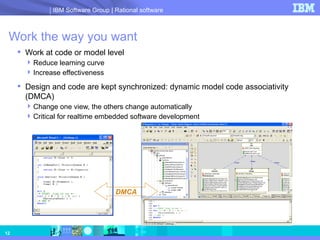 Work the way you want Work at code or model level Reduce learning curve  Increase effectiveness Design and code are kept synchronized: dynamic model code associativity (DMCA)  Change one view, the others change automatically Critical for realtime embedded software development DMCA 