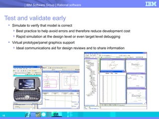 Test and validate early Simulate to verify that model is correct Best practice to help avoid errors and therefore reduce development cost Rapid simulation at the design level or even target level debugging Virtual prototype/panel graphics support Ideal communications aid for design reviews and to share information 