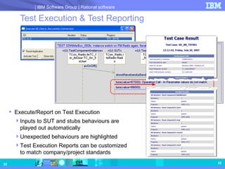 Test Execution & Test Reporting Execute/Report on Test Execution Inputs to SUT and stubs behaviours are played out automatically Unexpected behaviours are highlighted Test Execution Reports can be customized to match company/project standards 