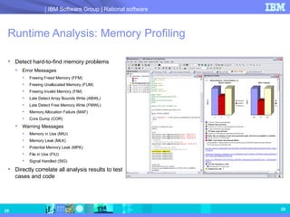 Runtime Analysis: Memory Profiling Detect hard-to-find memory problems Error Messages Freeing Freed Memory (FFM) Freeing Unallocated Memory (FUM) Freeing Invalid Memory (FIM) Late Detect Array Bounds Write (ABWL) Late Detect Free Memory Write (FMWL) Memory Allocation Failure (MAF) Core Dump (COR) Warning Messages Memory in Use (MIU) Memory Leak (MLK) Potential Memory Leak (MPK) File in Use (FIU) Signal Handled (SIG) Directly correlate all analysis results to test cases and code 