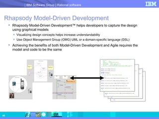 Rhapsody Model-Driven Development Rhapsody Model-Driven Development ™  helps developers to capture the design using graphical models Visualizing design concepts helps increase understandability Use Object Management Group (OMG) UML or a domain-specific language (DSL) Achieving the benefits of both Model-Driven Development and Agile requires the model and code to be the same 