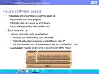 Reuse software assets Rhapsody can incorporate external code to:  Reuse code from other projects Integrate code developed by a third party Import code generated from another tool Such code can be: Viewed externally (code visualization) Provides easy referencing from the model Automatically allows graphical visualization of your IP Virtually seamless workflow between model and hand-written code Automatically  reverse-engineered to become part of the model RTOS Legacy Code Rhapsody Real-Time Framework Rhapsody Generated Code 