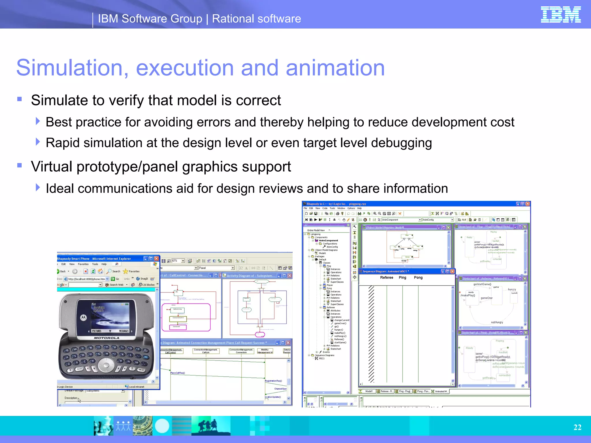 Simulation, execution and animation Simulate to verify that model is correct Best practice for avoiding errors and thereby helping to reduce development cost Rapid simulation at the design level or even target level debugging Virtual prototype/panel graphics support Ideal communications aid for design reviews and to share information 