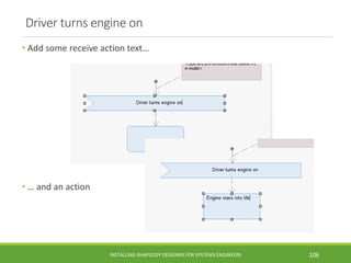 Driver turns engine on
• Add some receive action text…
• … and an action
INSTALLING RHAPSODY DESIGNER FOR SYSTEMS ENGINEERS 106
 