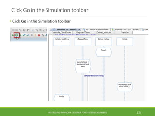 Click Go in the Simulation toolbar
• Click Go in the Simulation toolbar
INSTALLING RHAPSODY DESIGNER FOR SYSTEMS ENGINEERS 115
 