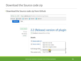 Download the Source code zip
• Download the Source code zip from Github
INSTALLING RHAPSODY DESIGNER FOR SYSTEMS ENGINEERS 96
 