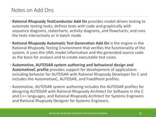 Notes on Add Ons
• Rational Rhapsody TestConductor Add On provides model-driven testing to
automate testing tasks; defines...