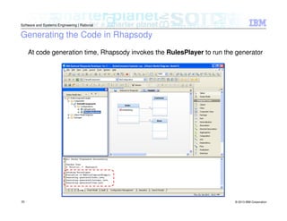 © 2013 IBM Corporation
Software and Systems Engineering | Rational
33
Generating the Code in Rhapsody
At code generation time, Rhapsody invokes the RulesPlayer to run the generator
 