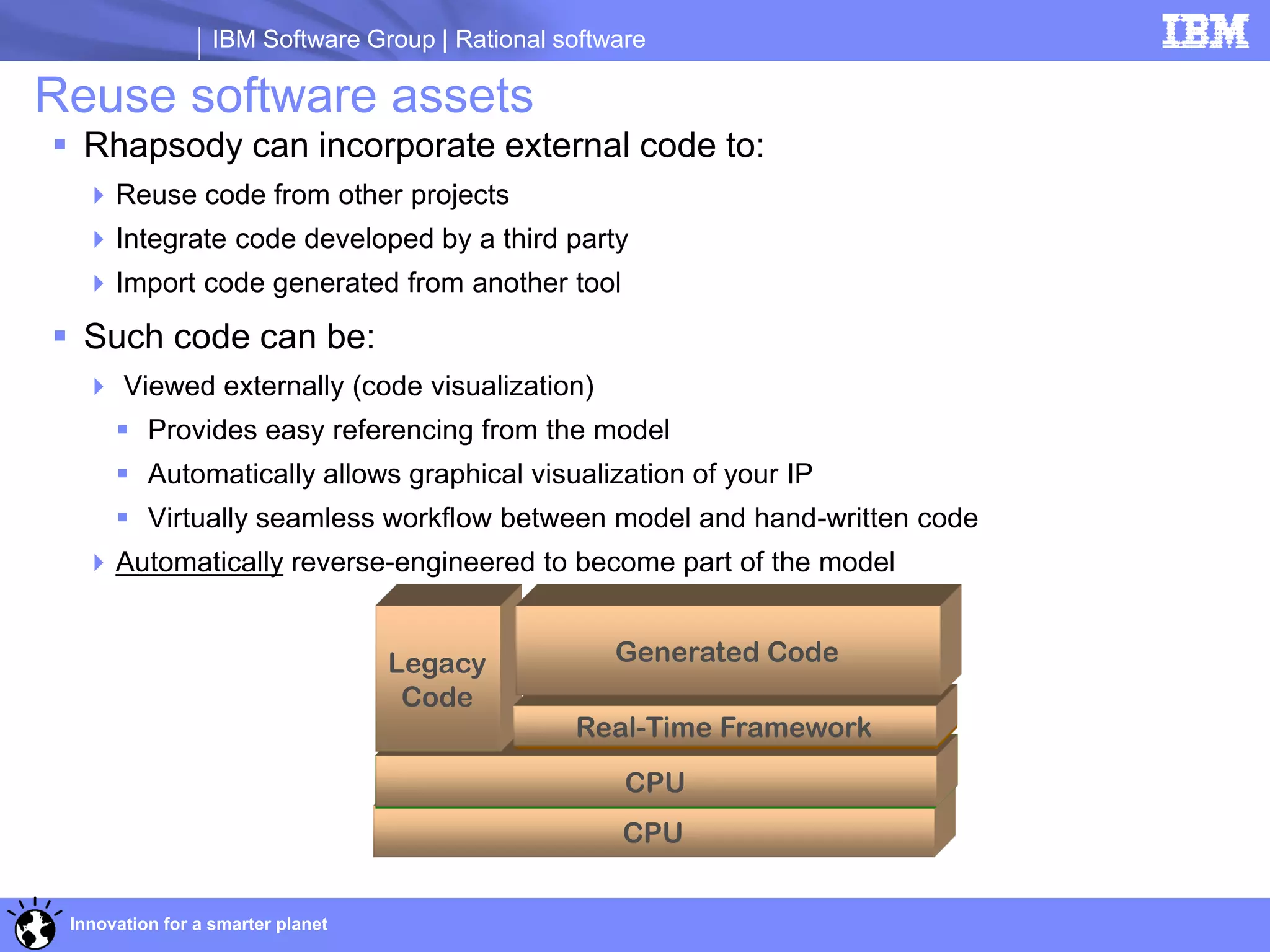 IBM Software Group | Rational software

Reuse software assets
 Rhapsody can incorporate external code to:
   Reuse code from other projects
   Integrate code developed by a third party
   Import code generated from another tool

 Such code can be:
   Viewed externally (code visualization)
       Provides easy referencing from the model
       Automatically allows graphical visualization of your IP
       Virtually seamless workflow between model and hand-written code
   Automatically reverse-engineered to become part of the model


                                   Legacy            Generated Code
                                    Code
                                                LightweightFramework
                                                 Real-Time Framework
                                   Target : VxWorks RTOS / LinuxLinux / …
                                      Small Target:::IDF/Synchronous/No /OS
                                            Target Windows Nucleus …
                                             Host ThreadX
                                                       /CPU
                                                        INTEGRITY /
                                                     CPU


 Innovation for a smarter planet
 