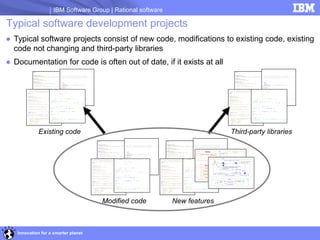IBM Software Group | Rational software

Typical software development projects
● Typical software projects consist of new code, modifications to existing code, existing
  code not changing and third-party libraries
● Documentation for code is often out of date, if it exists at all




            Existing code                                                   Third-party libraries




                                     Modified code           New features



   Innovation for a smarter planet
 