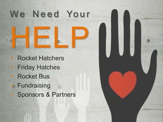 W e N e e d Yo u r
HELP• Rocket Hatchers
• Friday Hatches
• Rocket Bus
• Fundraising
• Sponsors & Partners
 