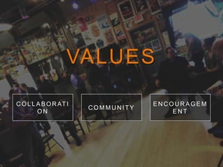 VALUES
C OLLABOR ATI
O N
C OMMU N ITY
EN C OU R AGEM
EN T
 