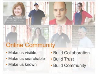 Online Community
• Make us visible
• Make us searchable
• Make us known
• Build Collaboration
• Build Trust
• Build Community
 