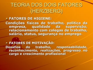 TEORIA DOS DOIS FATORES
(HERZBERG)
FATORES DE HIGIENE:
Condições físicas de trabalho, política da
empresa, qualidade da supervisão,
relacionamento com colegas de trabalho,
salário, status, segurança no emprego.
FATORES DE MOTIVAÇÃO:
Desafios do trabalho, responsabilidade,
reconhecimento, realizações, progresso no
cargo e crescimento profissional
 