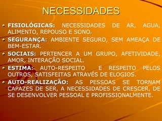 NECESSIDADES
FISIOLÓGICAS: NECESSIDADES DE AR, AGUA,
ALIMENTO, REPOUSO E SONO.
SEGURANÇA: AMBIENTE SEGURO, SEM AMEAÇA DE
BEM-ESTAR.
SOCIAIS: PERTENCER A UM GRUPO, AFETIVIDADE,
AMOR, INTERAÇÃO SOCIAL.
ESTIMA: AUTO-RESPEITO E RESPEITO PELOS
OUTROS, SATISFEITAS ATRAVÉS DE ELOGIOS.
AUTO-REALIZAÇÃO: AS PESSOAS SE TORNAM
CAPAZES DE SER, A NECESSIDADES DE CRESCER, DE
SE DESENVOLVER PESSOAL E PROFISSIONALMENTE.
 
